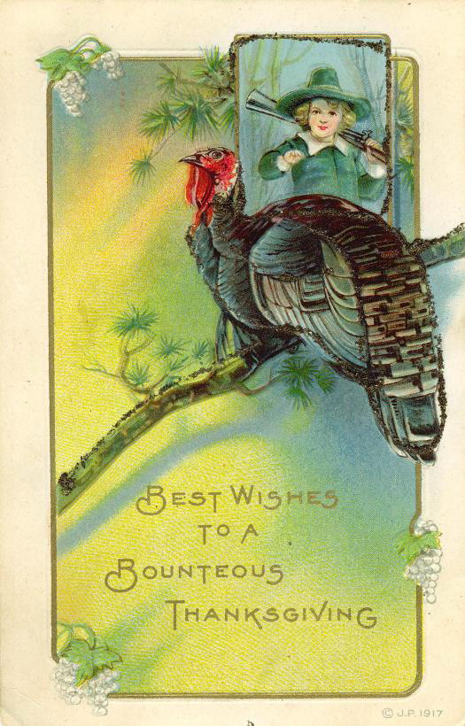 Vintage 1917 Thanksgiving Greeting Card with Boy and Turkey