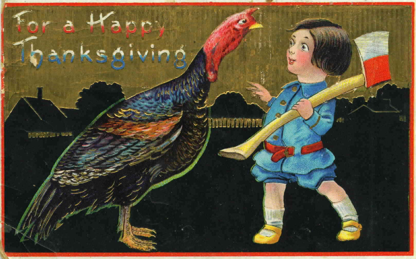 Vintage Thanksgiving Girl & Turkey Greeting Card, Early 1900s