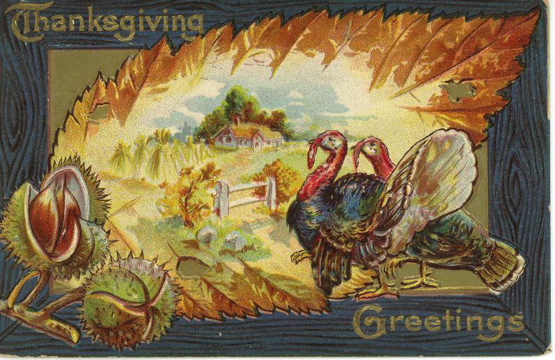 Vintage Thanksgiving Greeting Card with Turkey & Harvest Leaves