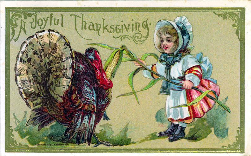 Joyful Thanksgiving Victorian Greeting Card with Girl and Turkey