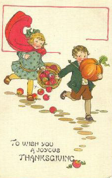 Vintage Thanksgiving Greeting Card with Children and Apples