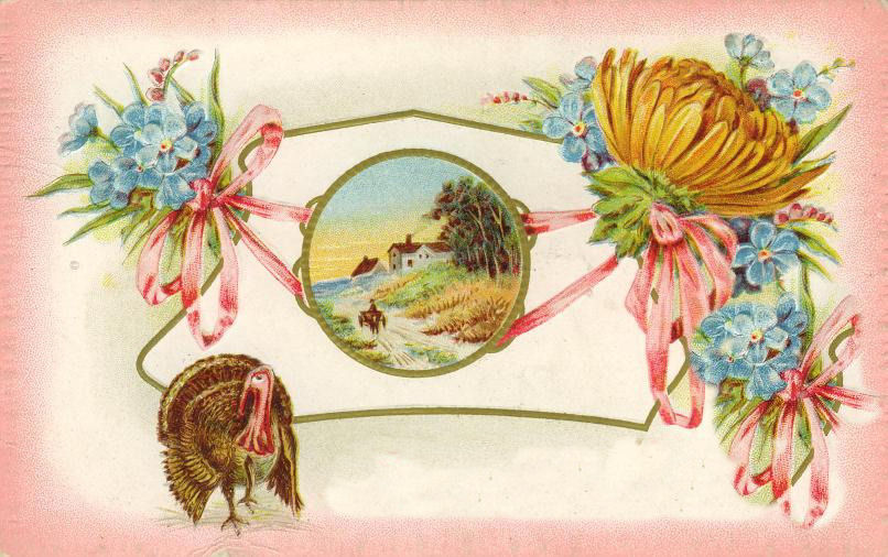Victorian Pastoral Greeting Card with Turkey, Flowers & Ribbon