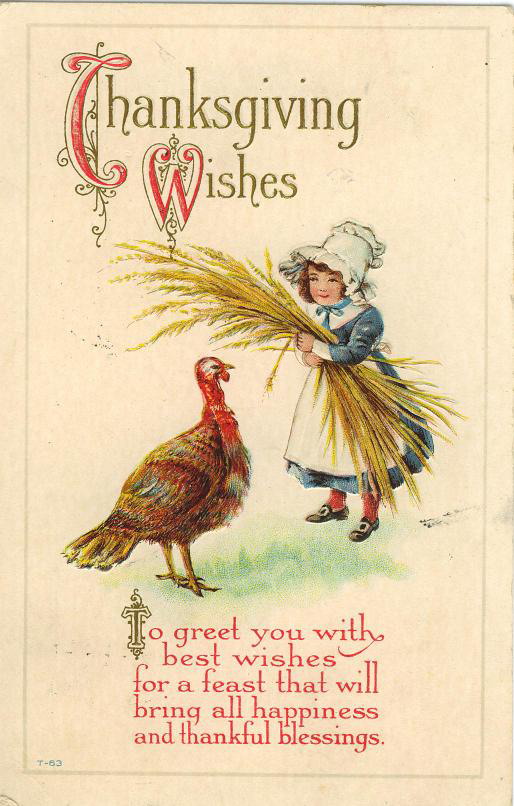 Vintage Thanksgiving Wishes Greeting Card with Child & Turkey