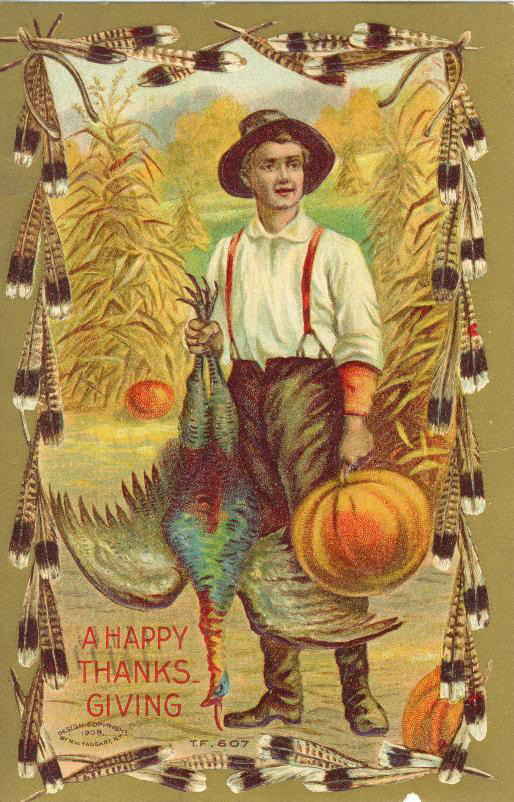 Vintage Thanksgiving Greeting Card with Farmer & Turkey