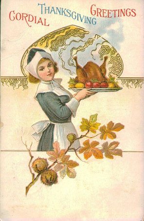 Cordial Thanksgiving Greetings Vintage Card Victorian Girl