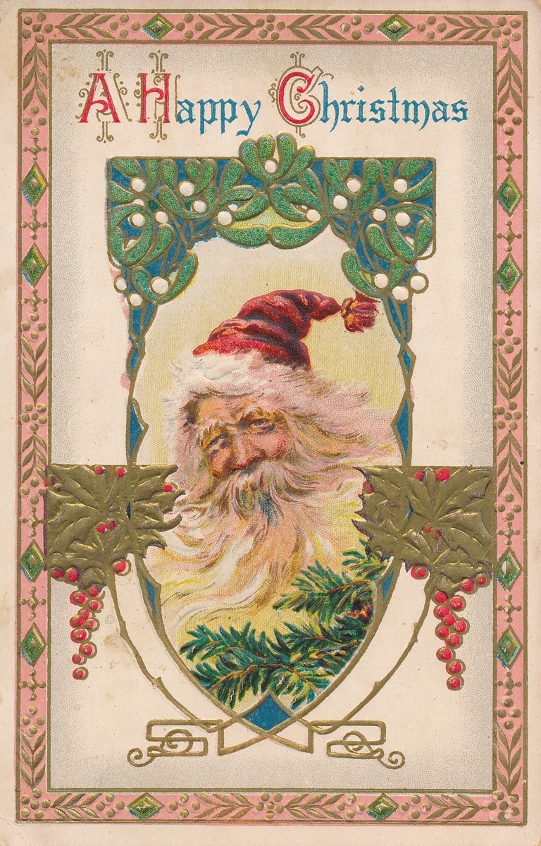 Victorian Christmas Card with Santa Claus, Holly, and Mistletoe