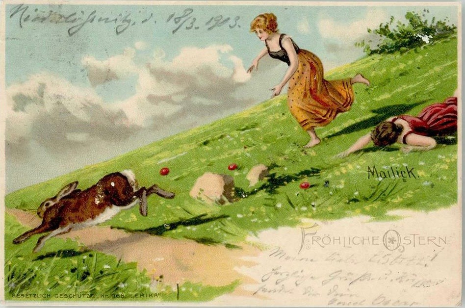 Vintage Easter Greeting Card with Bunny & Young Woman on Green Hill