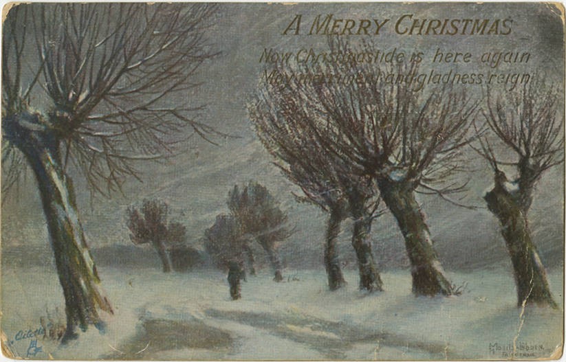Vintage Christmas Card Winter Landscape Bare Trees Snow Scene