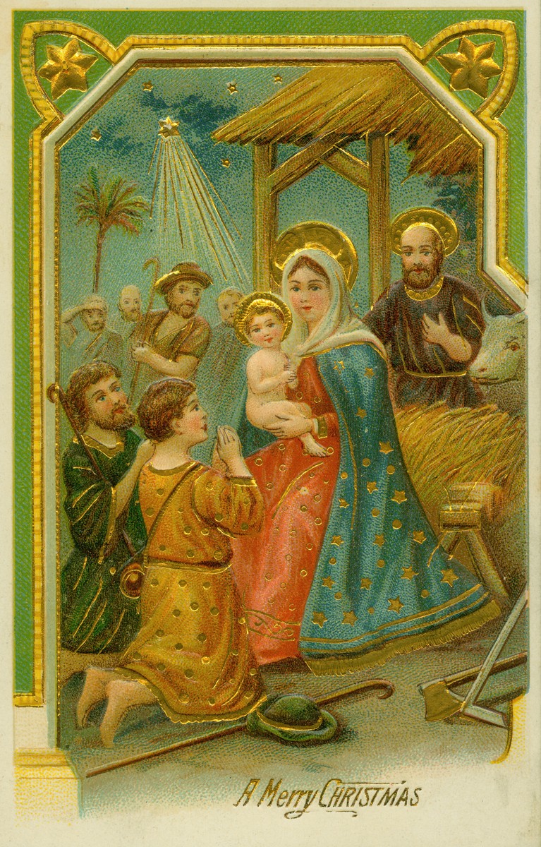 Victorian Christmas Nativity Scene Greeting Card with Gold Embossing