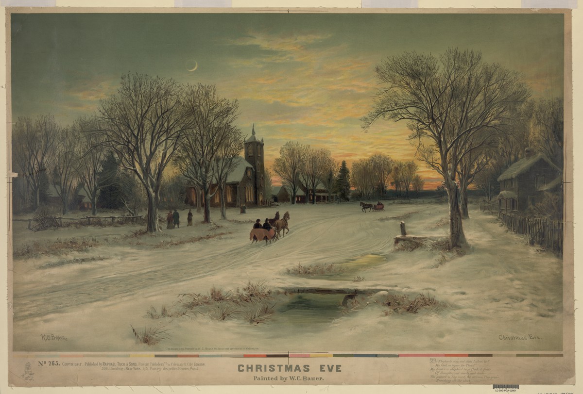 Victorian Christmas Eve Snow Scene Church Greeting Card