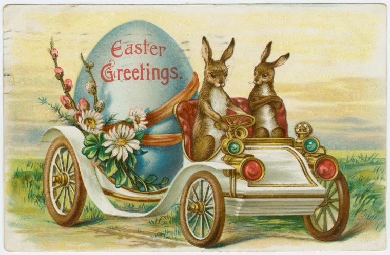 Victorian Easter Greetings Card with Anthropomorphic Rabbits in Motorcar