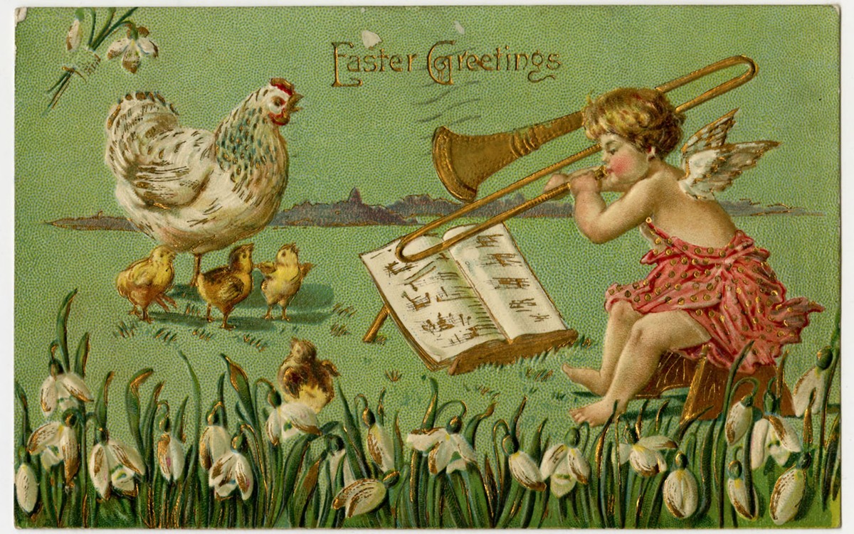 Victorian Easter Greetings Card with Cherub & Spring Flowers
