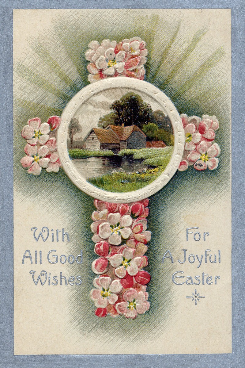 Victorian Easter Greeting Card with Floral Cross & Cottage Scene