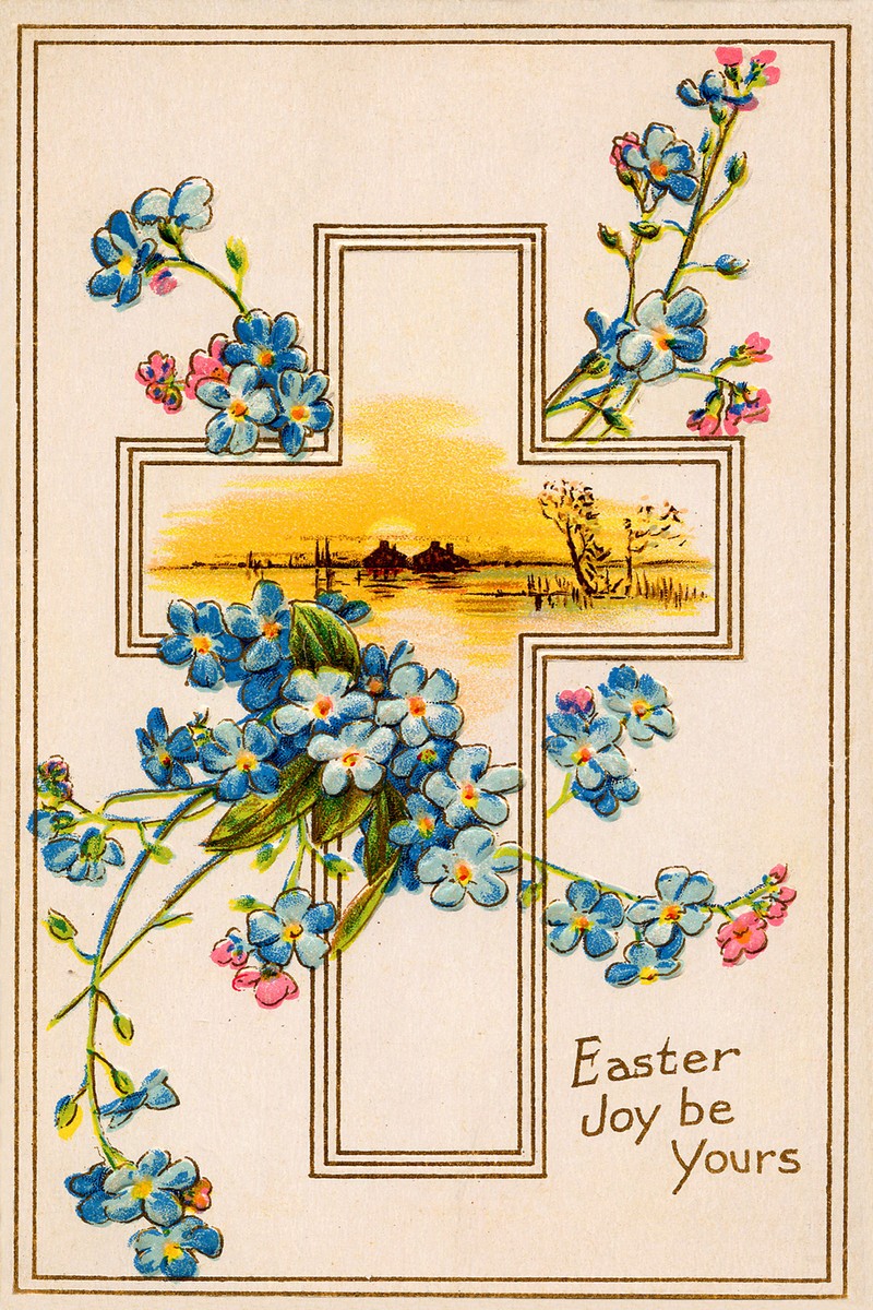 Victorian Easter Greeting Card with Forget-Me-Not Flowers & Cross