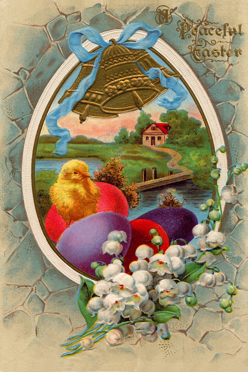 Victorian Easter Greeting Card with Chicks, Eggs & Cottage Scene