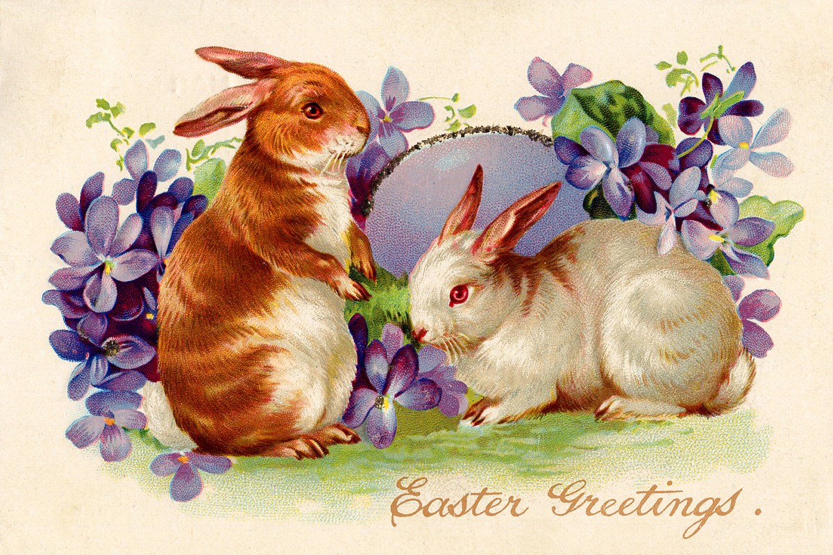 Victorian Easter Greetings Card with Rabbits and Violets