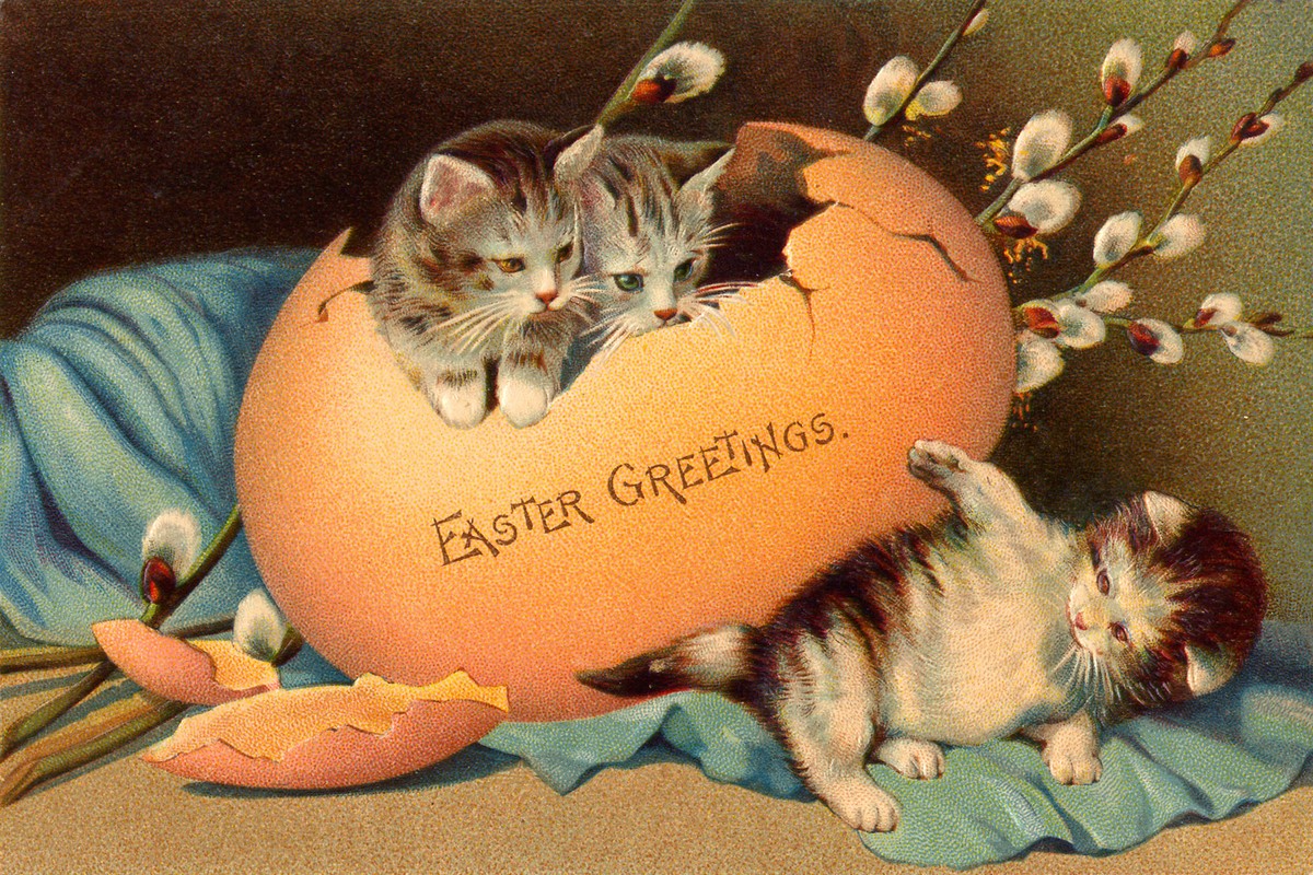 Victorian Easter Greeting Card with Kittens in Giant Egg