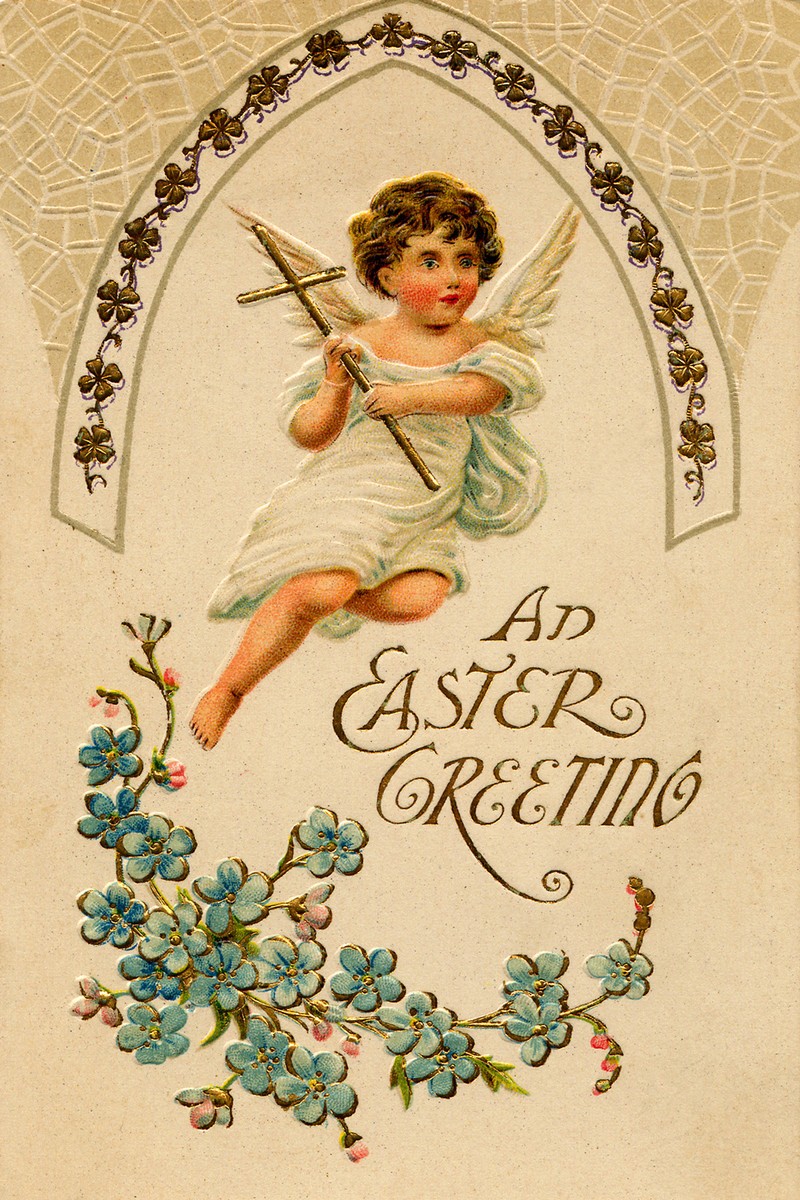 Victorian Easter Greeting Card with Cherub and Forget-Me-Nots