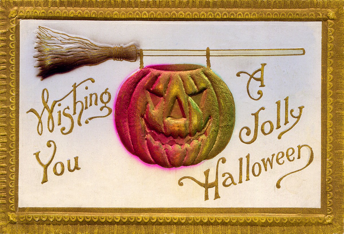 Victorian Halloween Jack-o'-Lantern Greeting Card with Broomstick