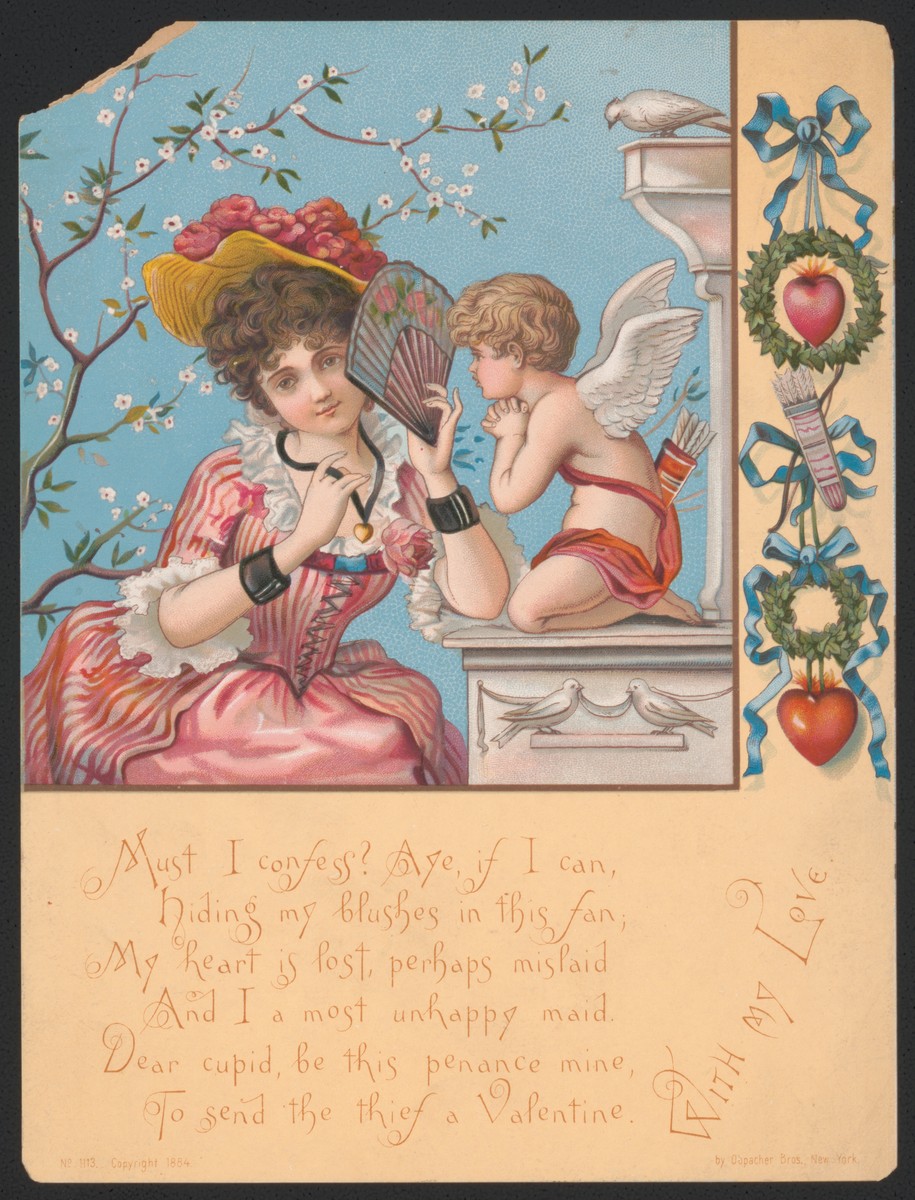 Victorian Valentine Greeting Card: Woman, Cupid & Blossoms