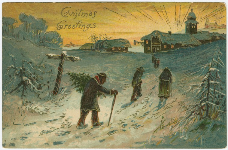 Edwardian Christmas Postcard Villagers Walking Snow Scene 1900s