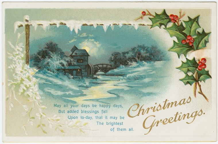 Edwardian Christmas Greeting Card Moonlit Grist Mill Winter Scene