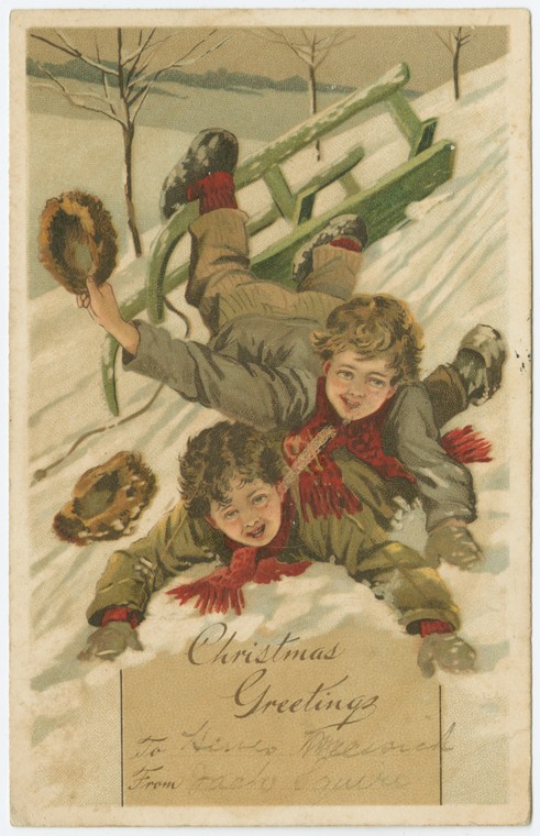 Edwardian Christmas Postcard Boys Sledding Spill in Snow