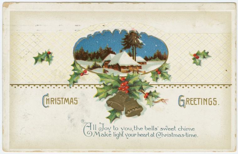 Edwardian Christmas Postcard with Winter Village & Holly Bells