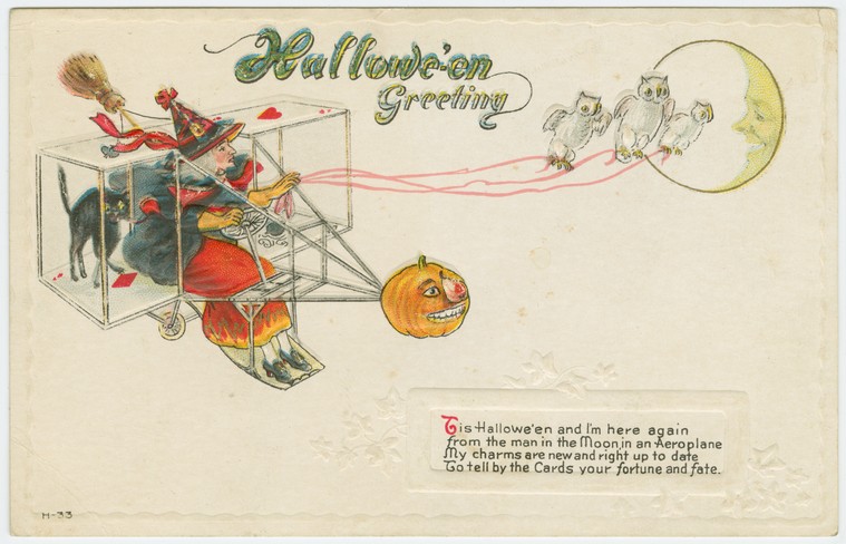 Edwardian Halloween Witch Aeroplane Postcard with Owls & Moon