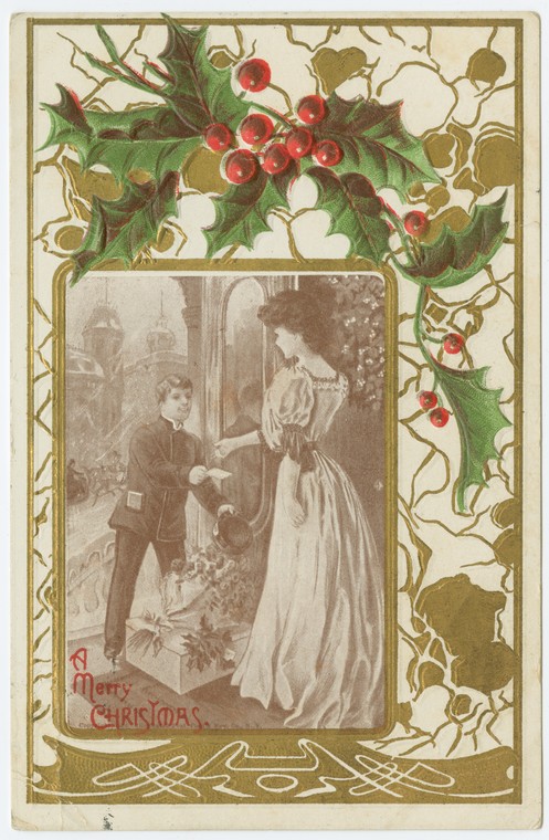 Victorian Christmas Card Courting Couple Holly Art Nouveau