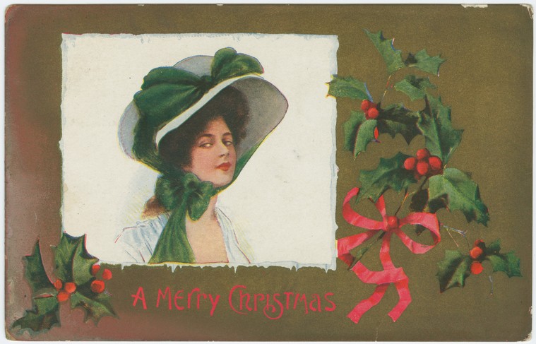 Edwardian Christmas Postcard Gibson Girl Holly Portrait 1900s