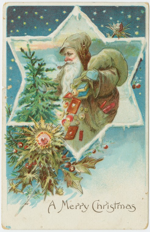 Victorian Christmas Postcard Father Christmas Green Robe Star 1900s