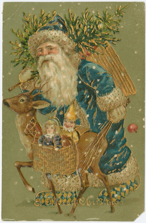 Victorian Blue Robe Santa Claus Reindeer Chromolithograph Christmas Card