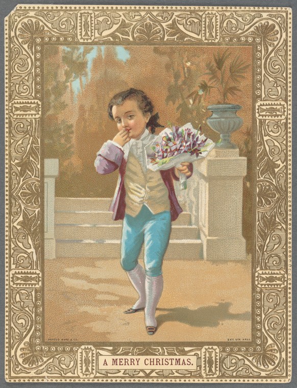 Victorian Christmas Card Boy with Flowers Colonial Costume