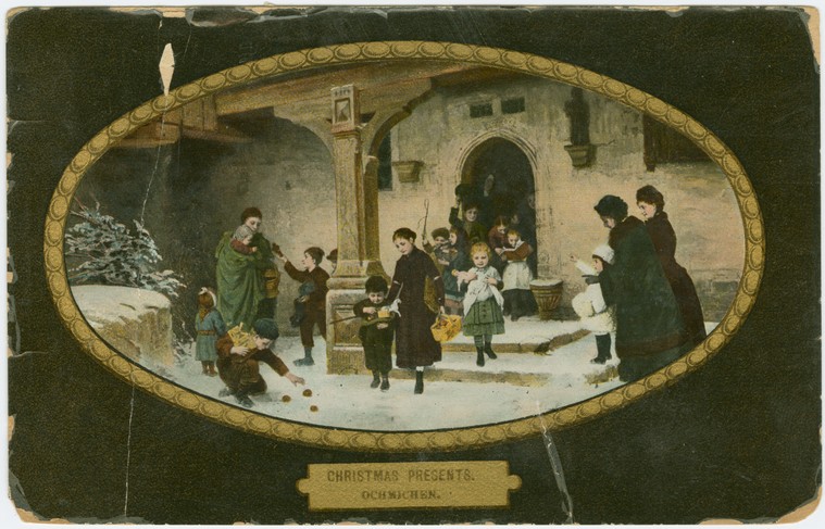 Victorian Christmas Card Children Playing Snow Ochmichen