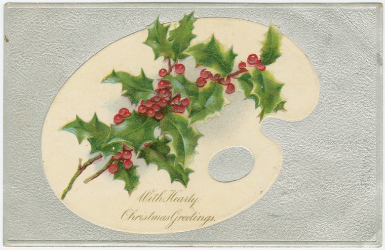 Victorian Christmas Card Artist Palette Holly Berries Greeting