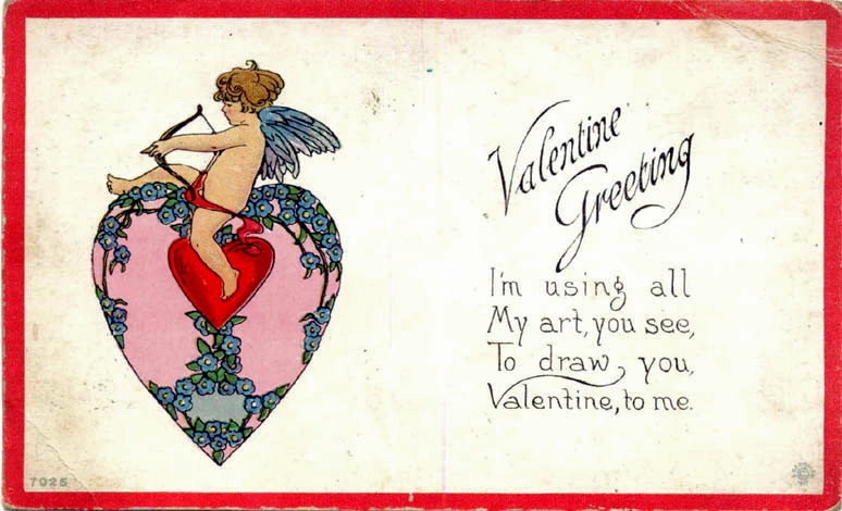 Art Nouveau Cupid Valentine Card with Pink Heart & Floral Design