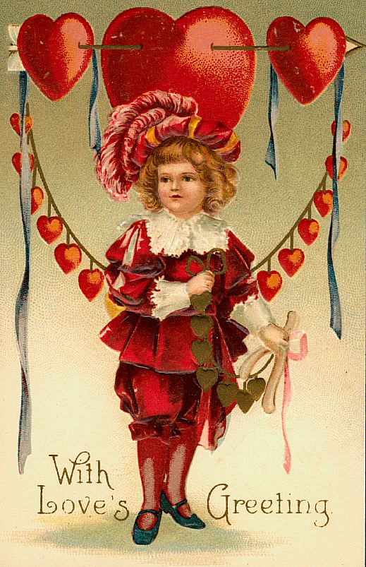 Victorian Valentine's Day Card with Child & Red Hearts