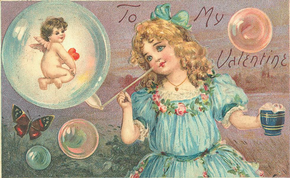 Victorian Valentine's Day Card with Cherub and Soap Bubbles