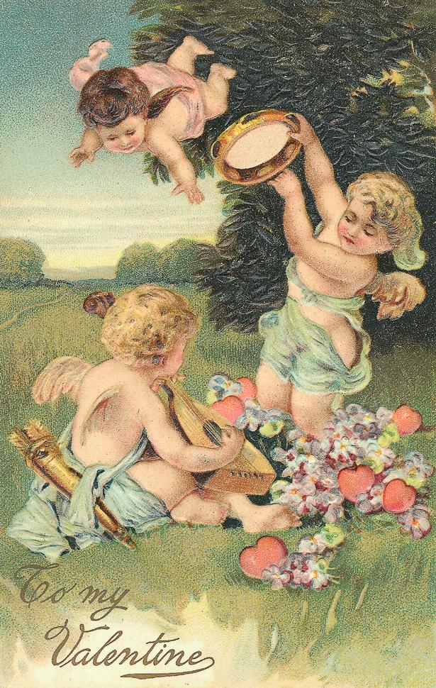 Victorian Valentine Cherubs with Flowers - Vintage Greeting Card