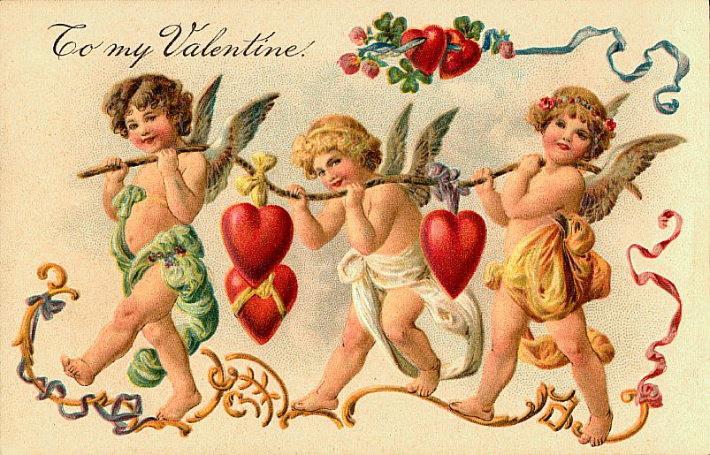 Victorian Valentine's Day Card with Cherubs and Red Hearts
