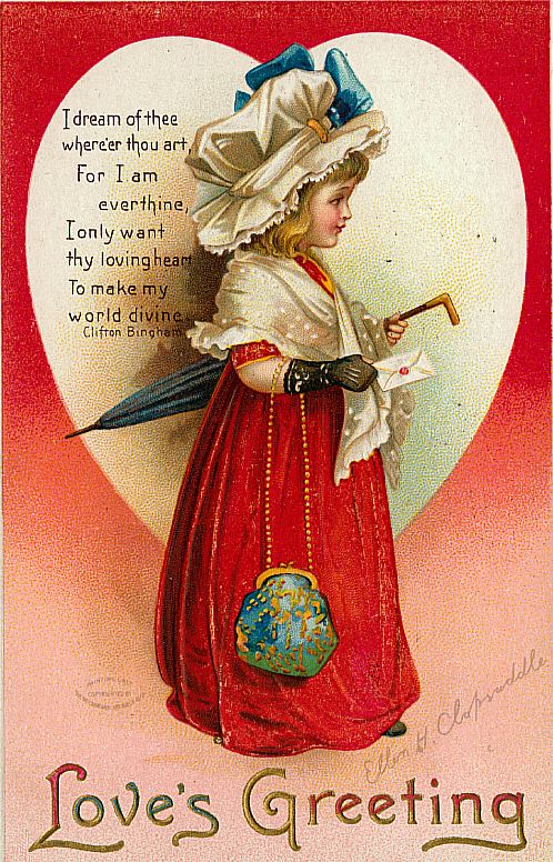 Victorian Love's Greeting Card with Parasol Girl & Heart
