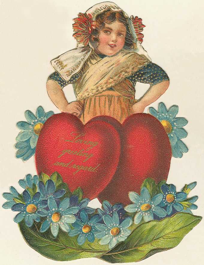Victorian Valentine Girl with Double Hearts & Forget-Me-Nots