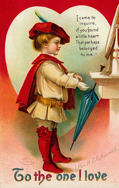 Victorian Valentine: Red-Cloaked Child with Umbrella & Lost Heart