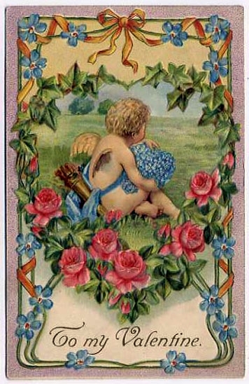 Victorian Cherub Valentine Card with Roses & Forget-Me-Nots