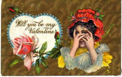 Victorian Valentine Card: Woman with Red Roses & 'Be My Valentine'