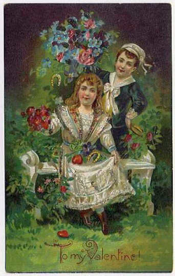 Victorian Valentine Card with Children & Flowers, 1890s