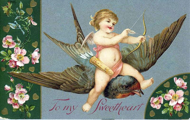 Victorian Cherub Riding Bird 'To My Sweetheart' Valentine Card