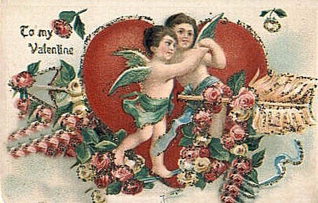 Victorian Valentine's Day Cherubs with Red Heart & Roses