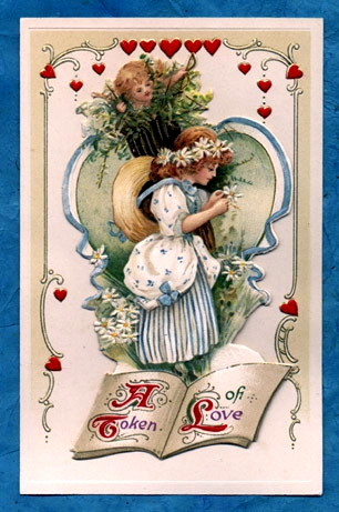 Victorian Token of Love Girl with Flowers Chromolithograph Card
